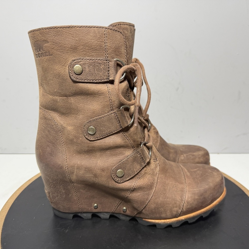 Sorel Boots Womens Size 9.5 Brown Leather Lace Up Wedge Ankle Combat Booties